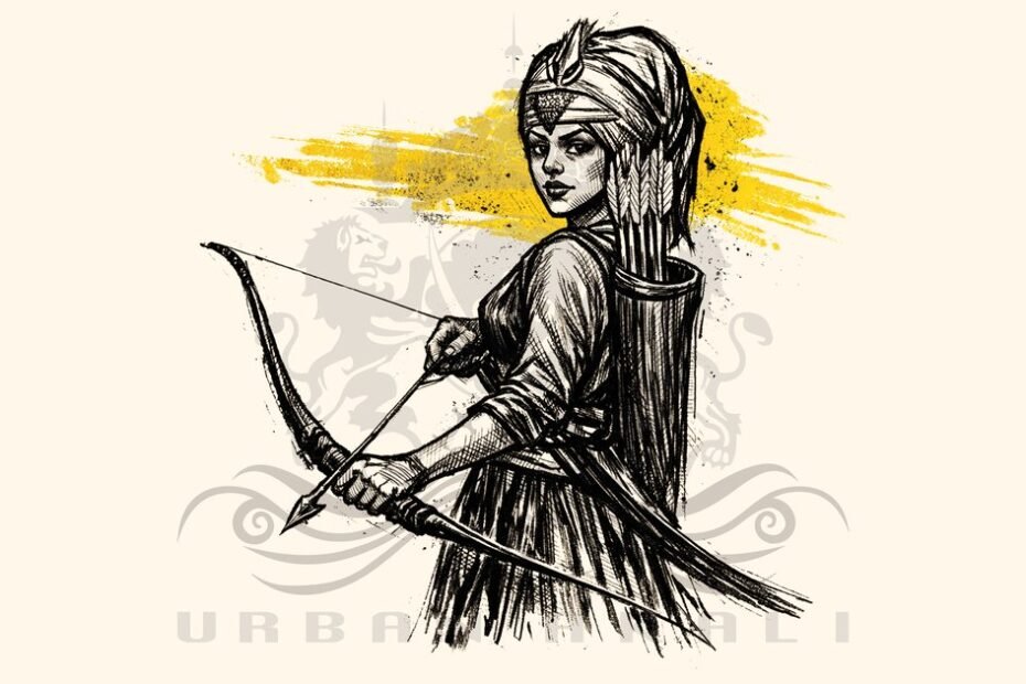 Sikh woman warrior archer in a dastar drawing a bow, original ink artwork by Urban Akali