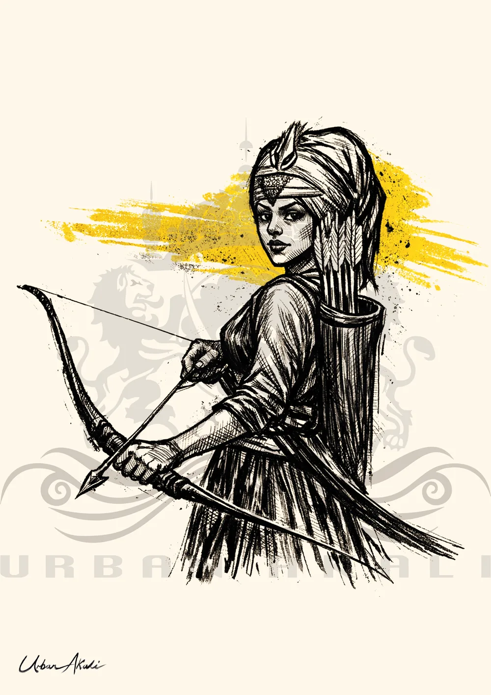 Original Urban Akali ink artwork of a Sikh woman warrior archer in a dastar with a quiver of arrows and a gold brushstroke